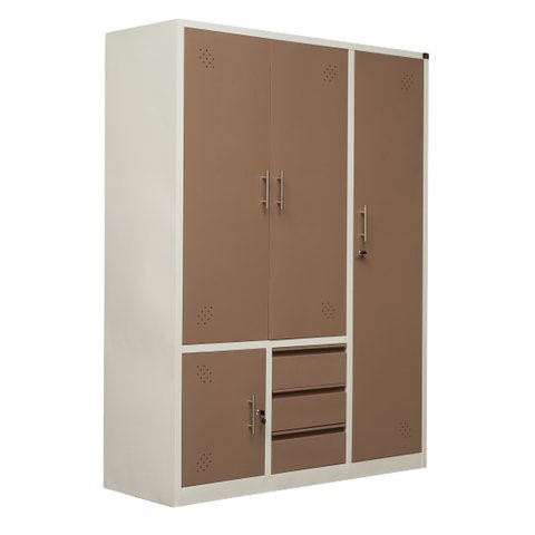 Tủ Sắt Đựng Quần Áo 3 Buồng Ngăn Kéo màu Cafe QP04